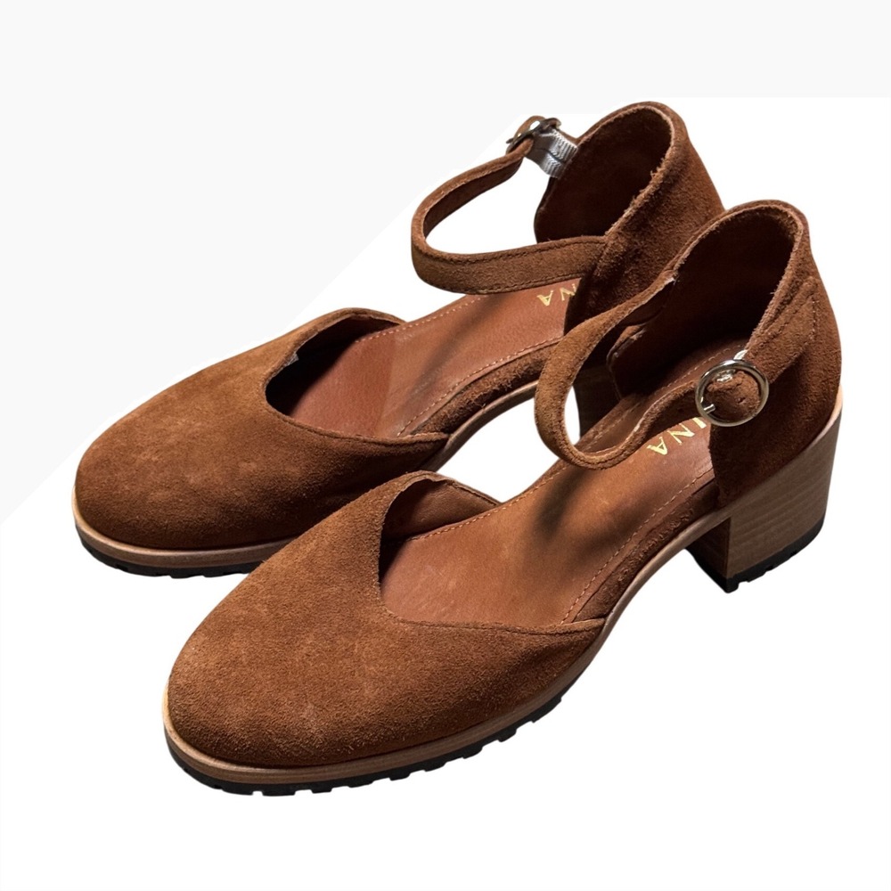 Portland Leather Patina Brown Suede Mary Jane Lug Sole Block Heels 7.5